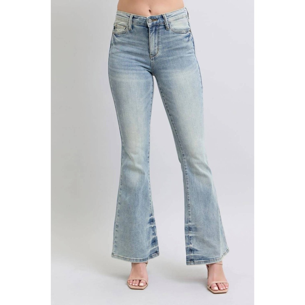 088 Judy Blue Mid Rise Tinted Pin Tack Detail Flare Stretch Jeans (14W, NWT)